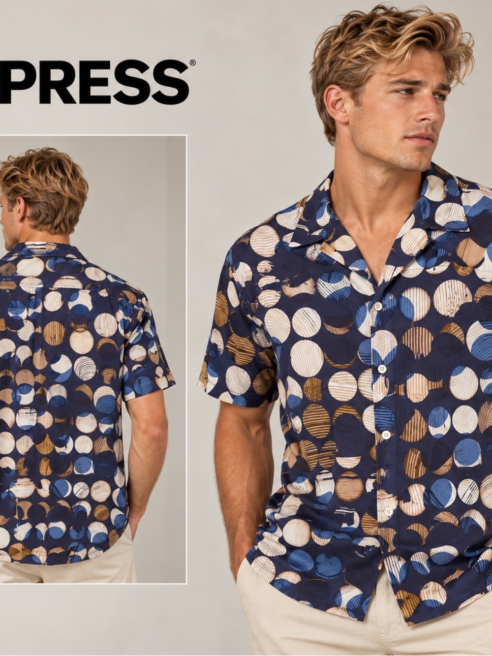 Express Men’s Navy Short-Sleeve Button-Up Shirt with Blue and Tan Circle Print